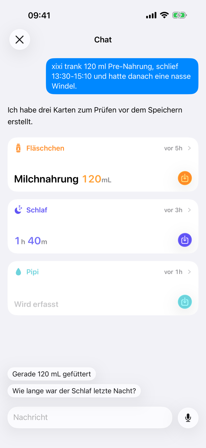 Chat-Bildschirm mit einer vorgeschlagenen Eintragskarte in Bear Days.