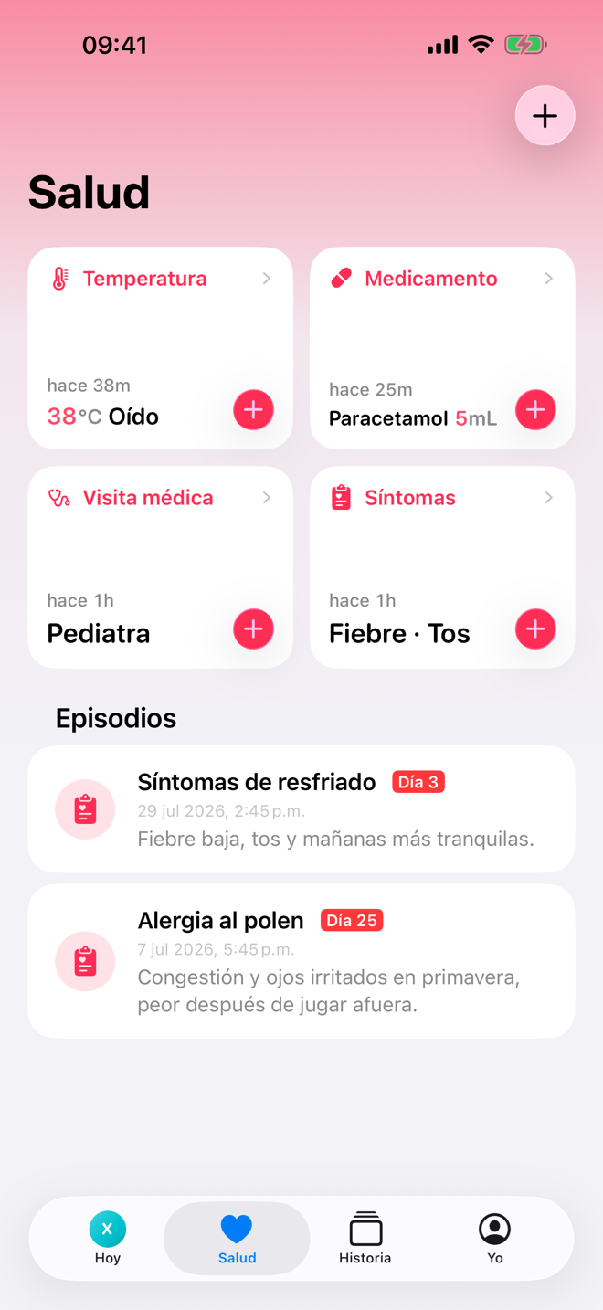 Pantalla Salud con registros rápidos y un episodio de enfermedad activo.